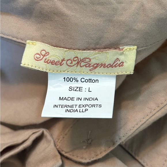 Sweet Magnolia Tan Long Sleeve Cotton Shirt Dress Cutout On Bottom Size L - Picture 7 of 14